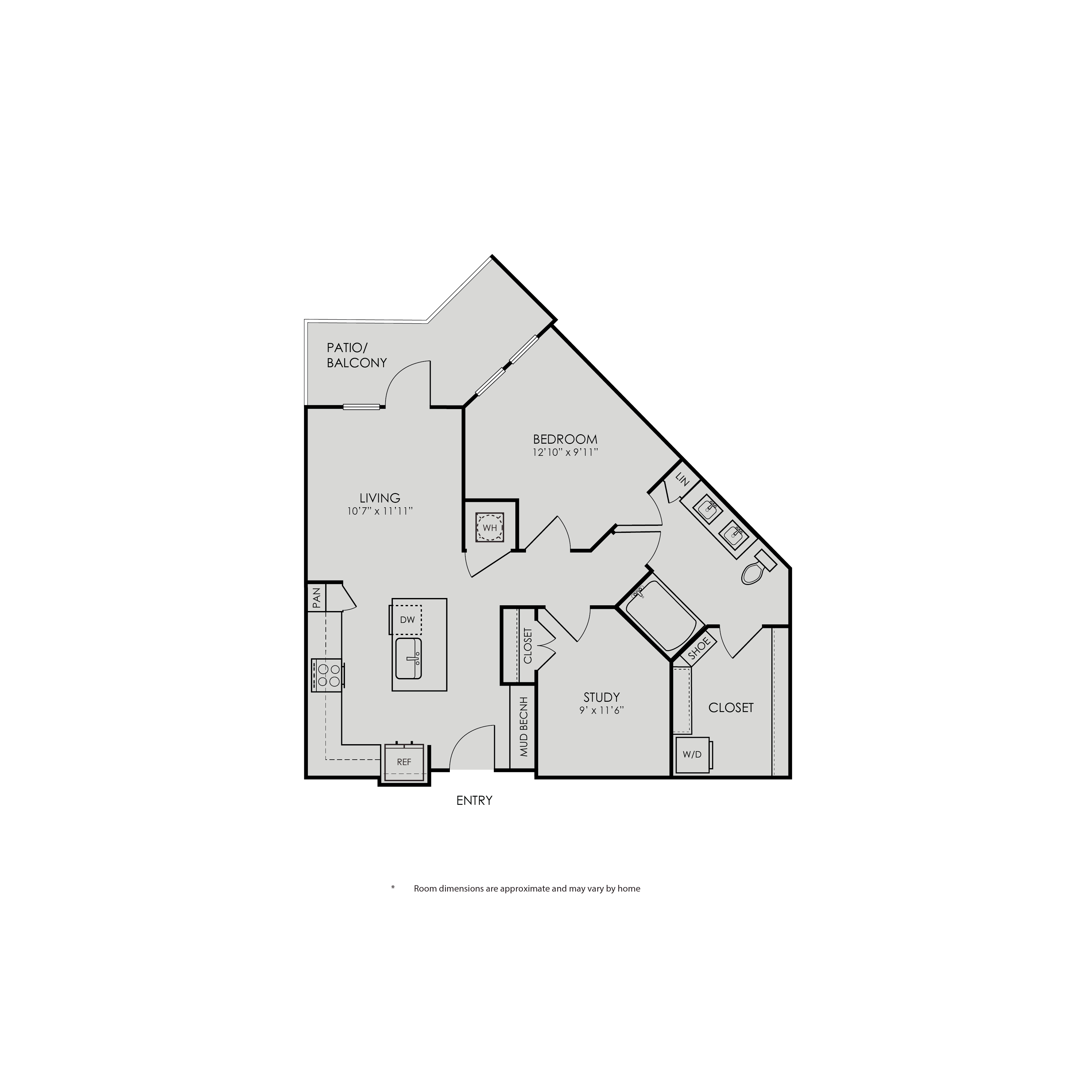 Floor plan for 1 bed, 1 bath, 856 sqft